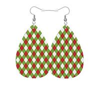 Vosach Boucles d'oreilles de Noël en forme de larme en cuir avec motif géométrique chevron en losanges verts et rouges en faux cuir pour femmes et filles