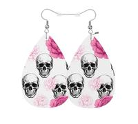Vosach Boucles d'oreilles en cuir avec tête de mort en forme de goutte d'eau pour Halloween, crânes en sucre, pivoines roses, fleurs en simili cuir, bijoux pour femmes et filles