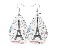 Vosach Boucles d'oreilles en forme de goutte d'eau en cuir de Paris - Tour Eiffel - Pendentif en forme de cœur - Bijoux pour femmes et filles - Mariage