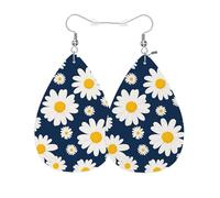 Vosach Boucles d'oreilles pendantes en cuir synthétique avec marguerites blanches - Petites fleurs sauvages - Camomille - En forme de larme - Pour femme - Pour mariage