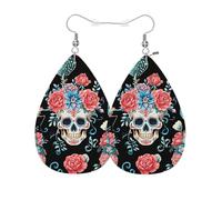 Vosach Boucles d'oreilles vintage en cuir avec crâne en forme de goutte d'eau en forme de crâne en sucre avec rose cactus - Bijoux pour femmes et filles - Mariage