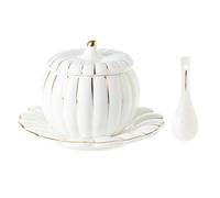 VOSAREA Bol de Soupe au Potiron Halloween en Céramique 280ml avec Couvercle | Forme Citrouille Créative, pour Four et Micro-ondes, Accessoire Cuillère, sans Bavures, Service Desserts