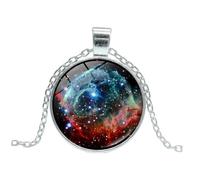 VOSAREA Collier Pendentif Double Face Galaxie en Verre 16 MM Argenté Pierre Précieuse du Temps Unisexe Chaîne Alliage Solide Bijou pour Femme et Homme Présent Élégant pour Pull