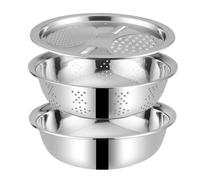 VOSAREA Ensemble de 3 Bassines Multifonctions 26 Cm en Acier Inoxydable Coupe-légumes et Passoire à Riz, Bassine à Fruits Pratique et Panier à Légumes Empilable Cuisine et Style Aléatoire