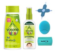 Vosene Kids Shampooing anti-poux 3 en 1 250 ml et défense revitalisante 150 ml avec brosse de massage Alimos et peigne à lentes et outil de nettoyage 4 en 1