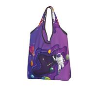 VOSERY Astronaute On Mission In Outer Space Sacs d'épicerie réutilisables pour courses Sac fourre-tout pliable avec poignées, noir, 2 PCS