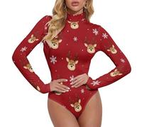VOSERY Body à manches longues pour femme, visages de renne, col roulé rouge festif, combinaison pour femme, contrôle du ventre, Noir/blanc, XL