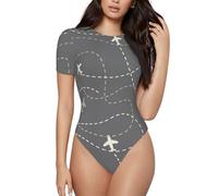 VOSERY Body basique à manches courtes et col rond pour femme, motif itinéraires d'avion autour du monde, noir, X-Large