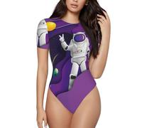 VOSERY Body pour femme, motif astronaute en mission dans l'espace extra-atmosphérique col rond basique à manches courtes pour femme, noir, Small