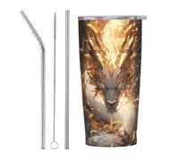 VOSERY Bouteille d'eau de 591 ml avec couvercle et paille, gobelet isotherme en acier inoxydable, motif dragon blanc à cornes dorées, tasse à café de voyage personnalisée