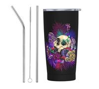 VOSERY Bouteille d'eau de 591 ml avec couvercle et paille, gobelet isotherme en acier inoxydable, motif champignons et tête de mort, tasse à café de voyage personnalisée