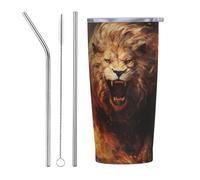 VOSERY Bouteille d'eau de 591 ml avec couvercle et paille, gobelet isotherme en acier inoxydable, tasse à café de voyage personnalisée motif lion de feu