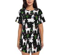 VOSERY Ensemble de pyjama 2 pièces pour femme - lama alpaga cactus noir mignon manches courtes pyjama pyjama pyjama ensemble pyjama lounge pour femme, Noir , L
