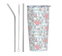 VOSERY Gobelet isotherme en acier inoxydable avec couvercle et paille, motif de lapin mignon et rayé de dessin animé, 591 ml, tasse à café de voyage personnalisée
