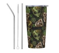 VOSERY Gobelet isotherme en acier inoxydable avec couvercle et paille, motif tête de mort et cactus - 591 ml