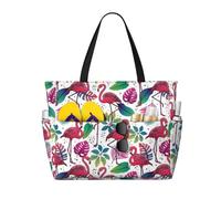 VOSERY Grand sac de plage imperméable et résistant au sable - Motif flamant rose feuille de bananier _ Un joli sac fourre-tout de plage pour femme avec fermeture éclair