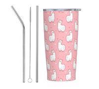 VOSERY Joli gobelet isotherme en acier inoxydable avec couvercle et paille - Motif alpaga - Rose - 591 ml