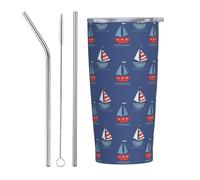 VOSERY Joli gobelet isotherme en acier inoxydable avec couvercle et paille, motif bateau bleu marine, 591 ml, tasse à café de voyage personnalisée