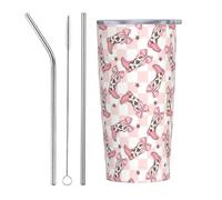 VOSERY Joli gobelet isotherme en acier inoxydable avec couvercle et paille - Motif bottes de cowgirl à damier rose - 591 ml
