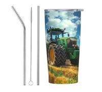 VOSERY Joli gobelet isotherme en acier inoxydable avec couvercle et paille - Motif champ de tracteur vert - 591 ml