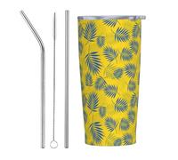 VOSERY Joli gobelet isotherme en acier inoxydable avec couvercle et paille - Motif feuille de palmier jaune - 591 ml