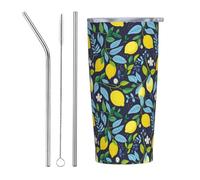 VOSERY Joli gobelet isotherme en acier inoxydable avec couvercle et paille, motif feuilles de citron, gobelet isotherme de 591 ml, tasse à café de voyage personnalisée