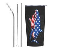 VOSERY Joli gobelet isotherme en acier inoxydable avec couvercle et paille - Motif requin avec drapeau américain - 591 ml