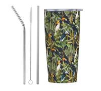 VOSERY Joli gobelet isotherme en acier inoxydable avec couvercle et paille, motif toucan, cacatoès, calao