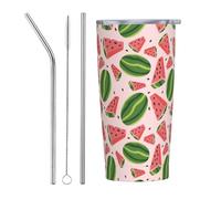 VOSERY Joli gobelet vert pastèque rose avec couvercle et paille, gobelet isotherme en acier inoxydable de 591 ml, tasse à café de voyage personnalisée