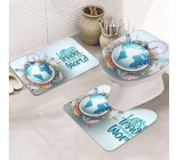 VOSERY Lot de 3 tapis de salle de bain 80 x 50,8 cm - Allons voyager autour du monde - Joli tapis de salle de bain et couvercle de toilette pour salle de bain et toilettes