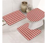 VOSERY Lot de 3 tapis de salle de bain - Carrés rouges et marrons - Tapis de salle de bain absorbant, antidérapant, housse pour abattant de toilettes, tapis lavable en forme de U - Décoration de salle