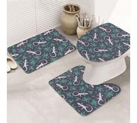 VOSERY Lot de 3 tapis de salle de bain - Tapis de salle de bain absorbant, antidérapant, lavable en forme de U, motif feuilles de lézard, vert