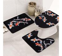 VOSERY Lot de 3 tapis de salle de bain - Tricolore Koi Fish Trio Tapis de salle de bain absorbant, antidérapant, couvercle de siège de toilette, tapis lavable en forme de U, décoration de salle de
