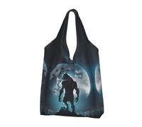 VOSERY Moon Wolf Warrior Sacs d'épicerie réutilisables pour courses Sac fourre-tout pliable avec poignées, noir, 2 PCS
