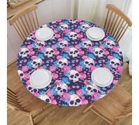 VOSERY Nappe ronde élastique extensible pour extérieur et intérieur - Motif tête de mort - Bleu et rose - Convient aux tables rondes jusqu'à 101,6 cm à 127 cm de diamètre