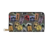 VOSERY Portefeuille en cuir pour femme, portefeuille à deux volets, portefeuille multi-cartes, motif timbres mondes pour femmes, portefeuille long