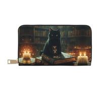 VOSERY Portefeuille en cuir pour femmes, portefeuille multi-cartes à deux volets, Halloween chat noir mystérieux carnet de notes femmes long portefeuille portefeuille