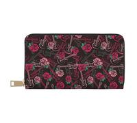 VOSERY Portefeuille Femme Cuir Bifold Multi Card Wallet, Rose Rouge Oeillets Fleurs Guitare Portefeuilles Femmes Portefeuilles Long Sac à main