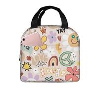 VOSERY Sac à déjeuner avec motif floral et signe de paix arc-en-ciel pour femme, homme et adulte, sac à déjeuner isotherme, étanche, réutilisable, grande capacité pour le travail, le bureau, le