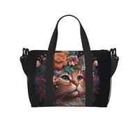 VOSERY Sac de voyage pour femme - Motif couronne de fleurs - Chat - Sac de week-end - Sac de voyage - Sac de sport - Sac de gym pour homme - Sac de nuit - Sac à bagages - Objets personnels