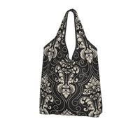 VOSERY Sacs d'épicerie élégants noirs à motif floral damassé réutilisables avec poignées, noir, 2 PCS