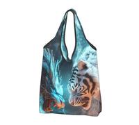 VOSERY Sacs d'épicerie réutilisables avec poignées Motif dragon bleu et tigre blanc, noir, 2 PCS