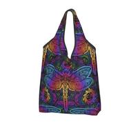 VOSERY Sacs d'épicerie réutilisables avec poignées - Motif mandalas indiens et libellules, noir, 2 PCS
