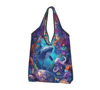 VOSERY Sacs d'épicerie réutilisables sous l'eau tortue dauphin pieuvre sacs de courses sacs d'épicerie sac fourre-tout pliable avec poignées, noir, 2 PCS