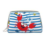 VOSERY Trousse de maquillage, trousse de toilette de voyage pour femme, crabe drôle rouge sur rayures bleues, grande capacité, trousse de maquillage mignonne, trousse de maquillage en cuir imperméable