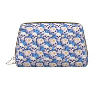 VOSERY Trousse de maquillage, trousse de toilette de voyage pour femme, grande capacité, trousse de maquillage blanche, motif tête de mort bleue, jolie trousse de maquillage en cuir imperméable