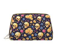 VOSERY Trousse de maquillage, trousse de toilette de voyage pour femme, grande capacité, trousse de maquillage motif tête de mort, fleur dorée, jolie trousse de maquillage en cuir imperméable