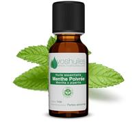 VOSHUILES - Huile Essentielle de Menthe Poivrée - 20ml - Distillation Intégrale à la Vapeur - Flacon Verre Ambré avec Bouchon Sécurité et Compte-Gouttes