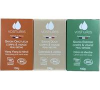 VOSHUILES - Lot de 3 Savons Artisanaux Saponifiés à Froid - Calendula, Ylang-Ylang, Citron-Menthe - Pour Peaux Sèches, Grasses et Neutres - 3 x 100g