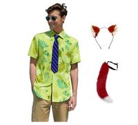 Voslett Costume Nick Wilde pour homme - Chemise cravate en peluche avec oreilles et queue - T-shirt imprimé - Pour Halloween, carnaval, fête, renard - Vert - Taille S